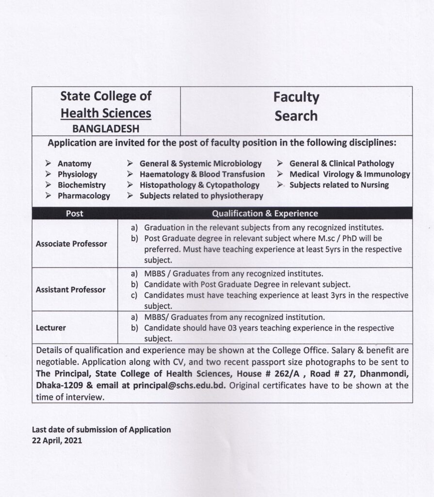 State College of Health Sciences Bangladesh ” Faculty Search “